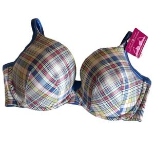 Cacique multicolor plaid cotton plunge bra Size 44DDD New with tag
